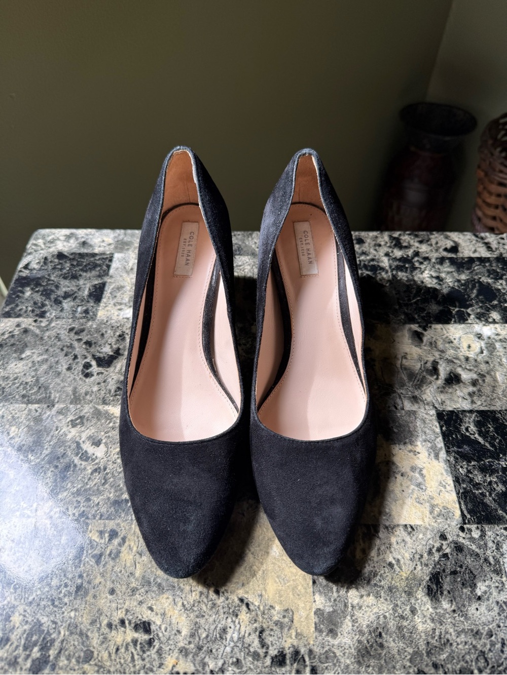 Cole Haan Black Suede Pointed Pumps with Nude Insole